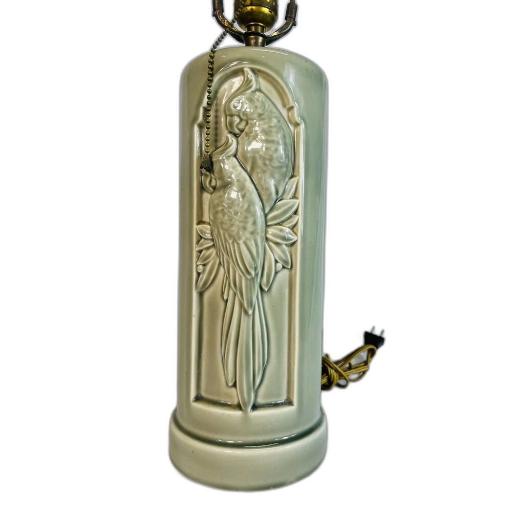 Art Deco 1940s/1950s Green Glaze Cockatoo Relief Lamp 24"